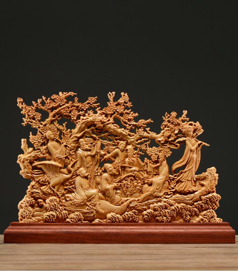 Thuja Wood  Carving Eight Immortals Sculpture Decor Dish Wood God of Wealth Lucky Gift Home Decor