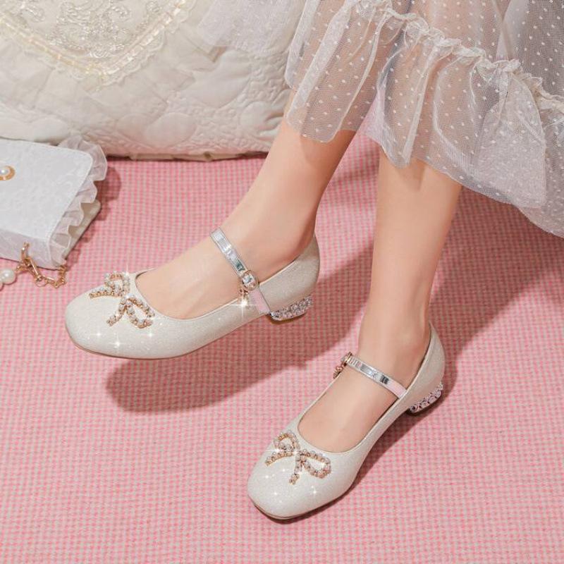 New British girls' student shoes rhinestone non-slip soft-soled buckle girls' princess shoes medium and older children's shoes children's single shoes
