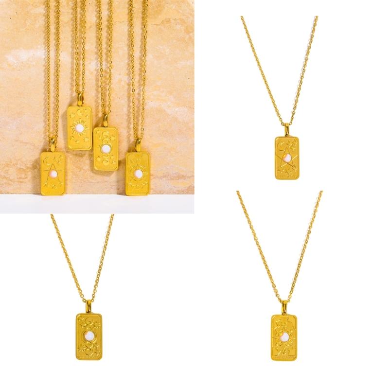 Stylish Gold Square Sun Moon Star World Pendant Necklace Accessory Eye Catching Clavicular Chain for Gathering Parties