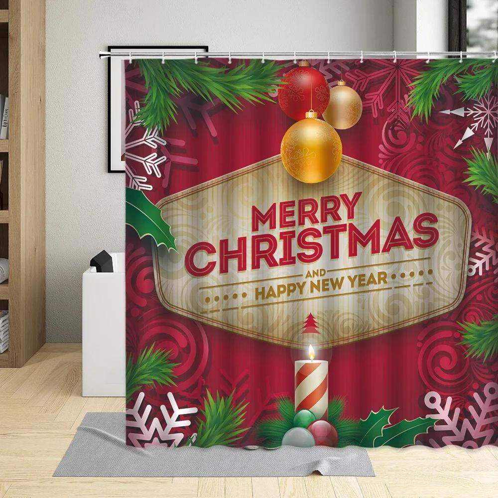 Merry Christmas Shower Curtain Santa Claus Elk Snow Scenery Tree Holiday Gift Red Decor Wall Cloth Bathroom Screen Curtains Sets