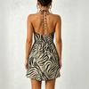 Spot new zebra pattern neck sling dress, elastic waist split short holiday style skirt