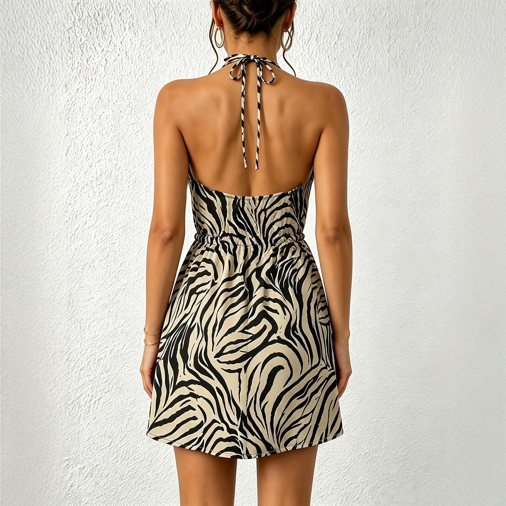 Spot new zebra pattern neck sling dress, elastic waist split short holiday style skirt