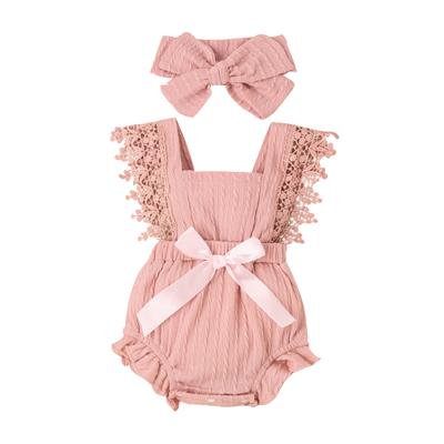 Baby Girl 2Pcs Summer Outfits, Sleeveless Bow Front Lace Romper with Headband Set