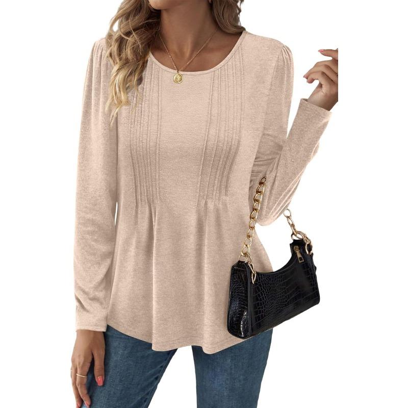 GMXIA Damenmode, lässig, Herbst und Winter, einfarbig, langärmelig, O-Ausschnitt, Blusen und Hemden