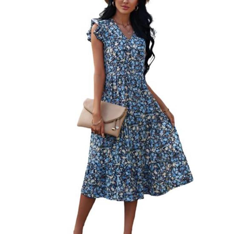 

Flowy Summer Vacation Dress Womens Boho Floral Midi Swing Dress V Neck Cap Sleeve Ruffle A Line Casual S синий