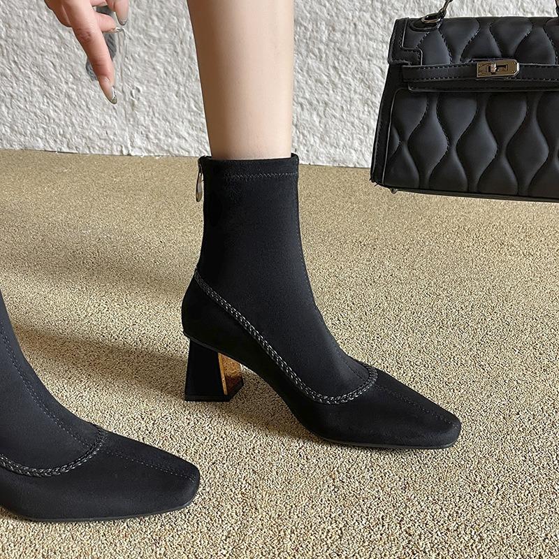 Sewing line rear zipper temperament square head cashmere high heel short boots women's autumn and winter thick heel thin boots