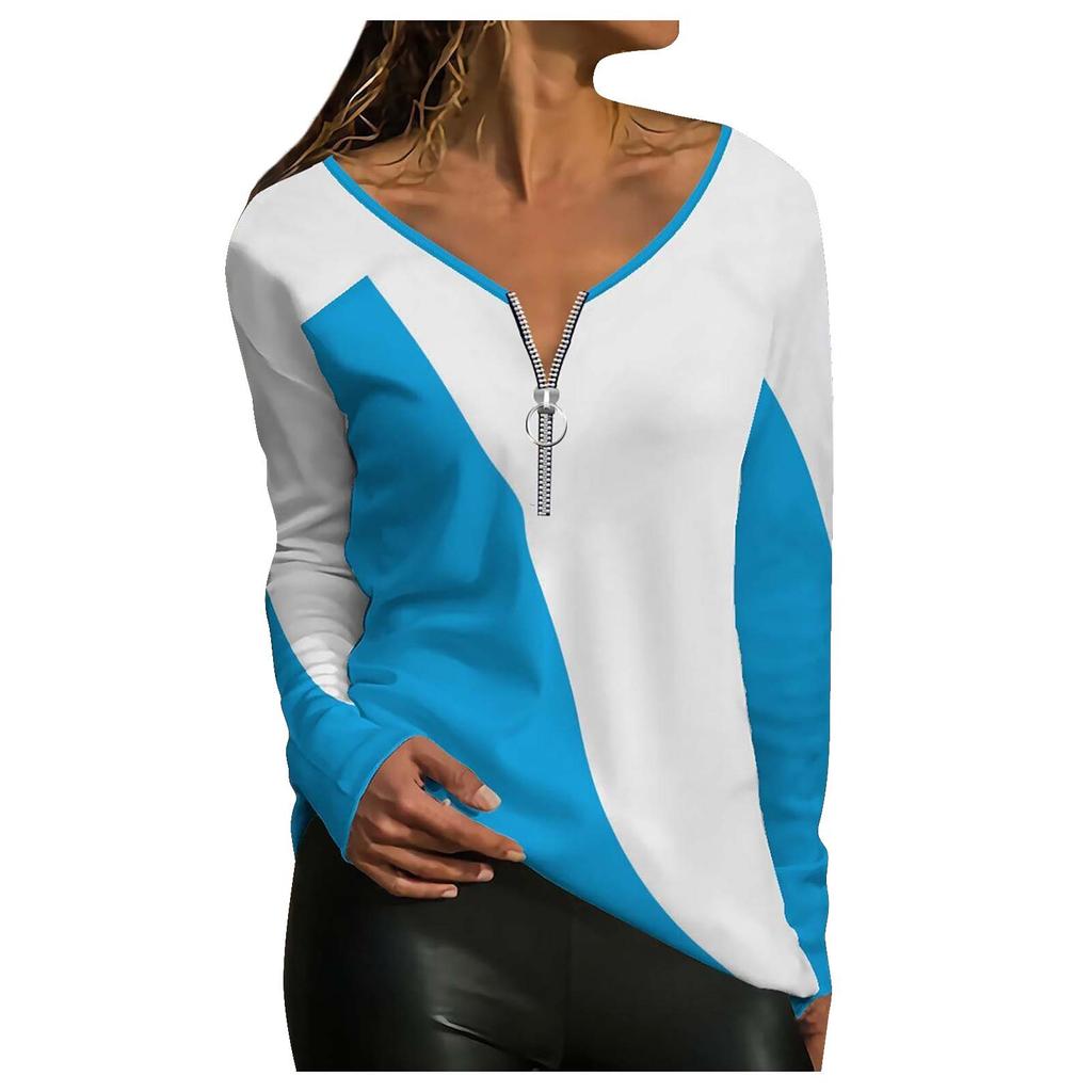 Women's Fashion Casual Temperament Zipper V-neck Irregular Striped Geometric Print Long Sleeve Top