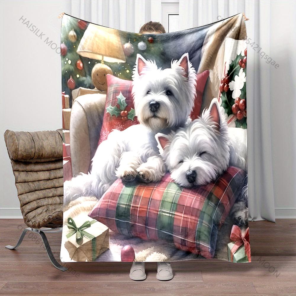 2 West Highland White Terriers Christmas Theme Pattern Blanket Flannel Material Soft Warm for All Seasons Home Outdoor Camping 75X95CM