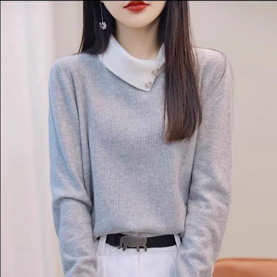 Women Winter French Color‑Block Turn‑Down Collar Knit Sweater Long Sleeve Pullover Wool Blend Base Top