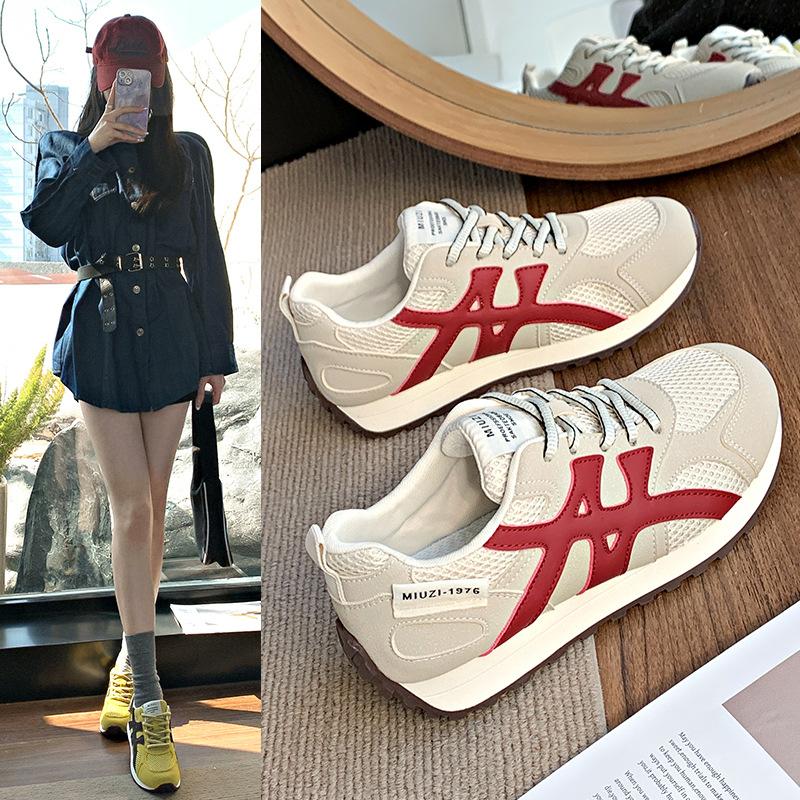Women's Shoes 2025 Spring New Spring Round Head Lace-up Mesh Breathable Flat Bottom College Student Mesh Sports and Leisure Shoes