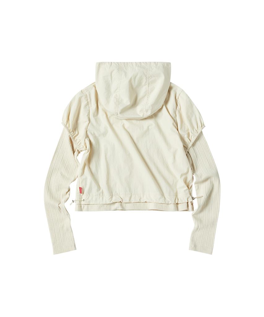 W Puff Sleeves Layered Hoodie [Cream]