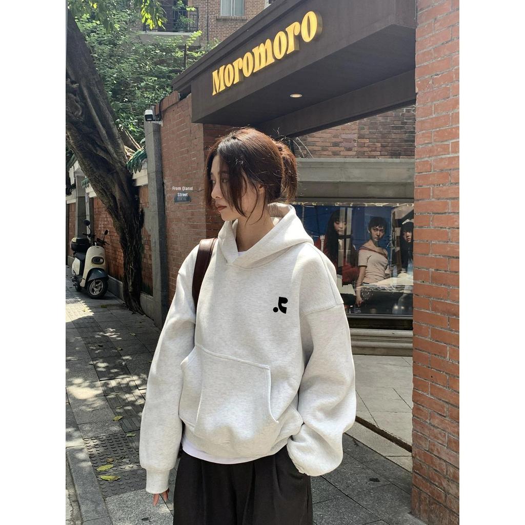 Korean Style Embroidered Women's Hoodie - Solid Color, Casual, Loose, Trendy Early Autumn Top