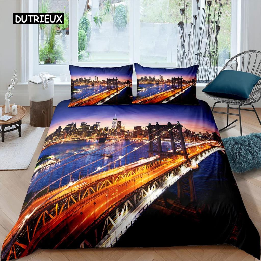 Cityscape Duvet Cover Set New York City Night View Quilt Cover for Boys Adults Microfiber Building Bedding Set 2/3Pcs King Size