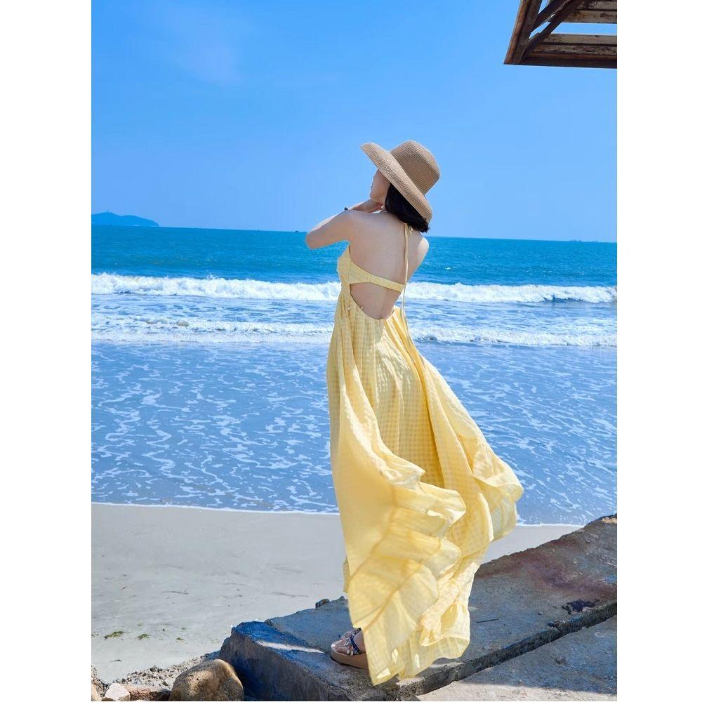 Seaside Vacation Dress High-end Yellow Neck Dress Suspender Chest Pad Backless Beach Dress Women's Sanya Wear