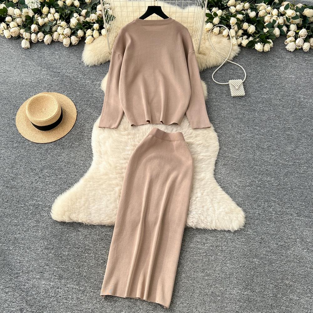 Autumn Winter Women Flower Knitted Sweater Two Piece Set Full Sleeve Pullover Top and Long Midi Slim Bodycon Sheath Skirt Outfits