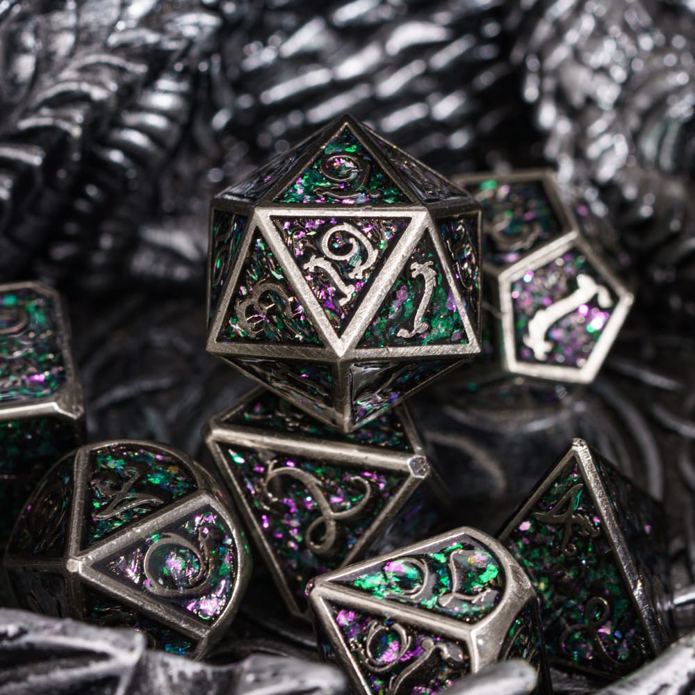 Cusdie Dragon Font DND Dice Metal, Auspicious Cloud, 7Pcs Polyhedral Dice Set, for D&D Role Playing Game Pathfinder Board Games