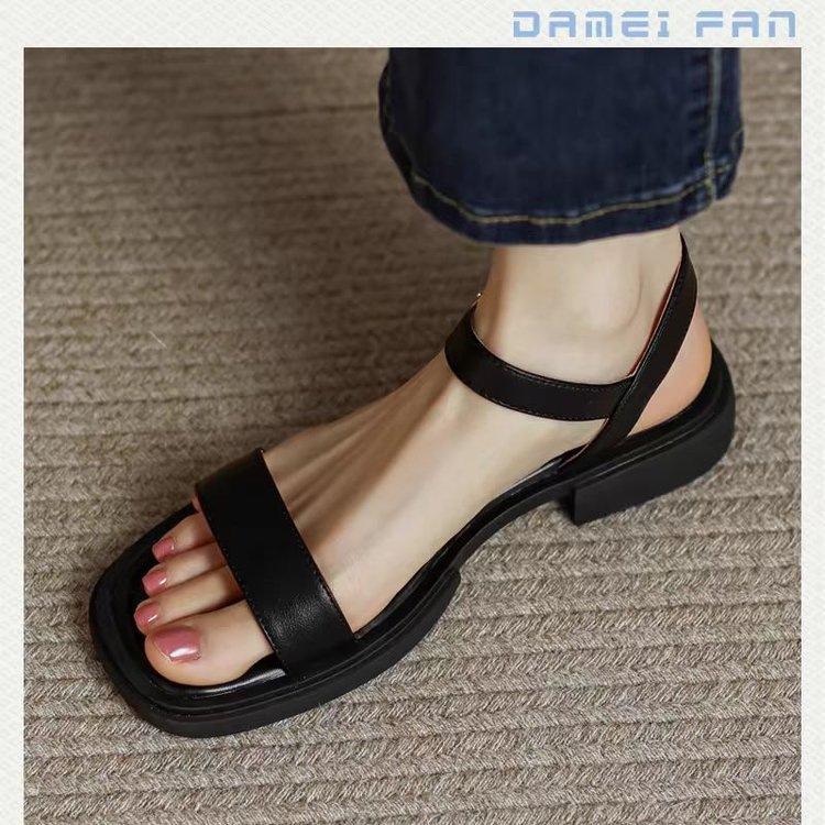 Soft Leather Square Heel Sandals Women's Summer 2025 New French One-word Belt Retro Soft Sole with Skirt Roman Sandals