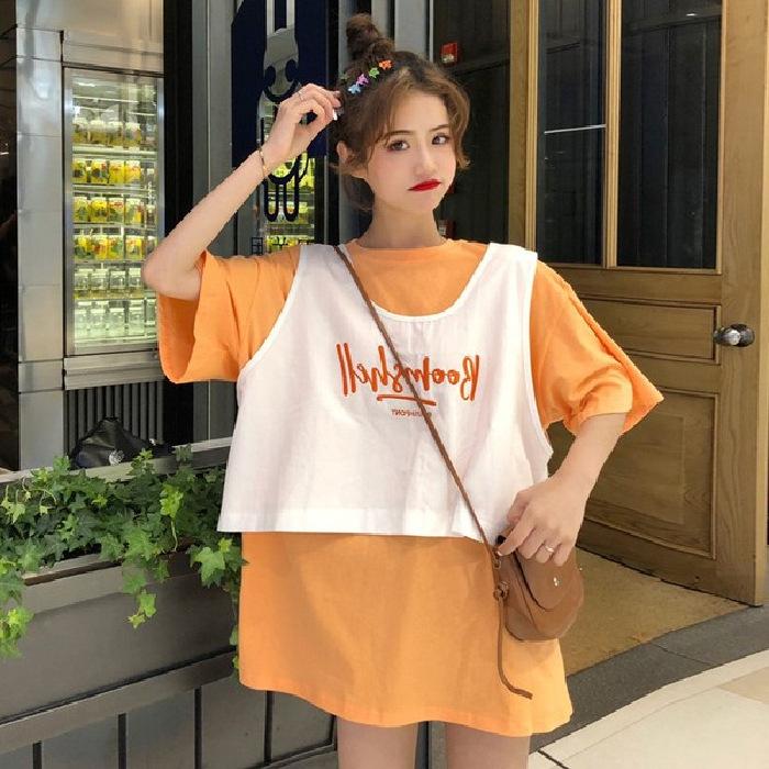 

Летний новый комплект из двух предметов: свободный жилет в BF-стиле с вышивкой букв + футболка с коротким рукавом для женщин M оранжевый