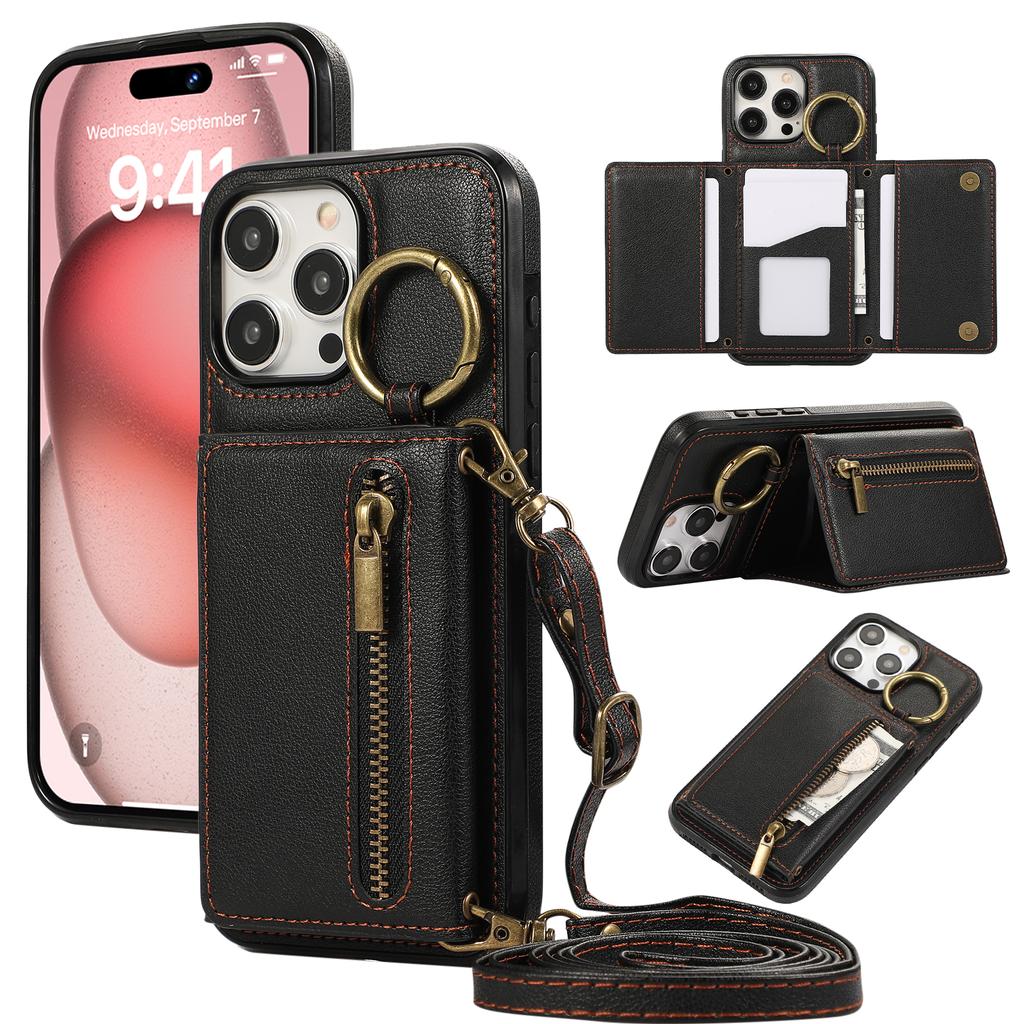 For iPhone 16 Pro Max Leather Back Cover Zipper Wallet Kickstand Phone Case with Shoulder Strap