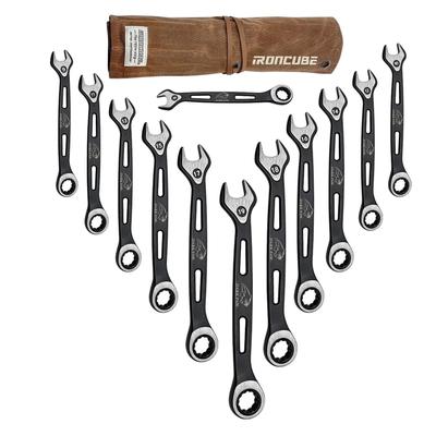 IRONCUBE Ratchet Wrench Set Black Wrench Ratchet Includes Waterproof Wax Cloth Storage Bag - 12-Piece 8-19mm Ultra-Lightweight Dual-Use - CR-V