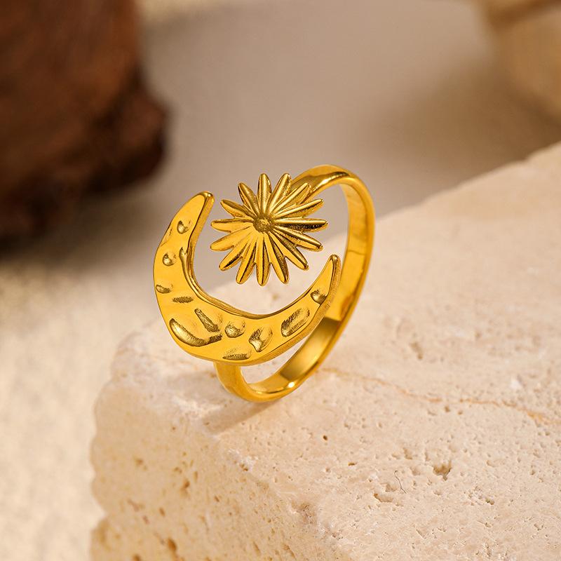 INS Style Sun Moon Titanium Steel Ring Luxury Premium Open Adjustable Band Ring 18K Gold Stainless Steel Jewelry