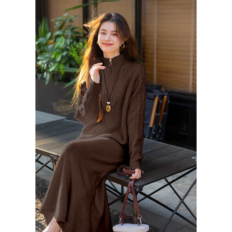 

Mocana Thick Turn-down Collar Knit Top & Midi Skirt Women s Set