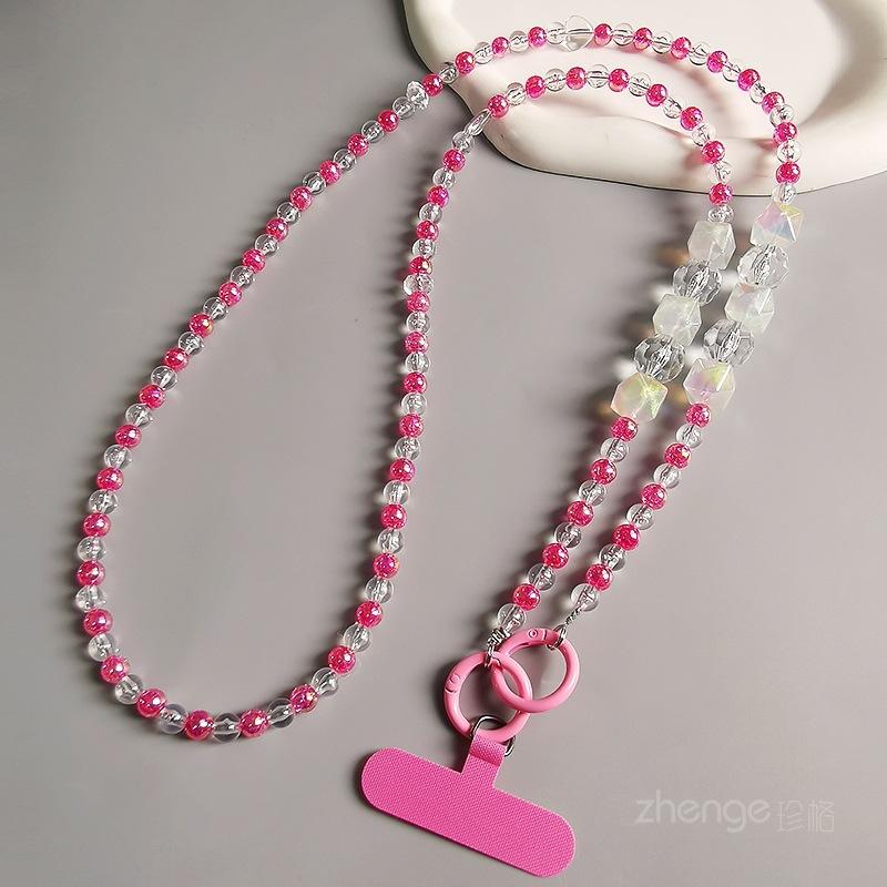 

Rhombus colorful bead mobile phone chain women s ins travel handmade beaded lanyard back chain mobile phone case lanyard long crossbody [pink]