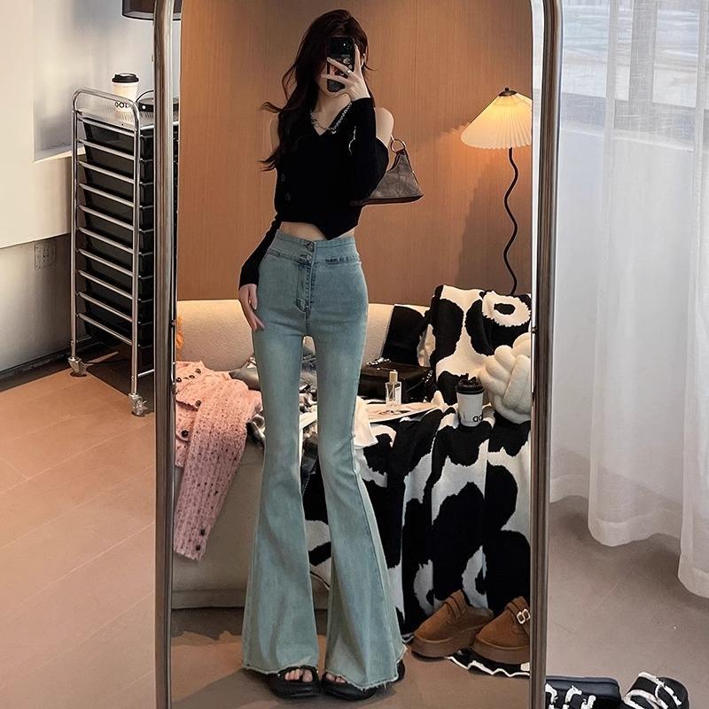 Women s High-Waisted Light Blue Retro Flare Jeans 2XL светло-синий