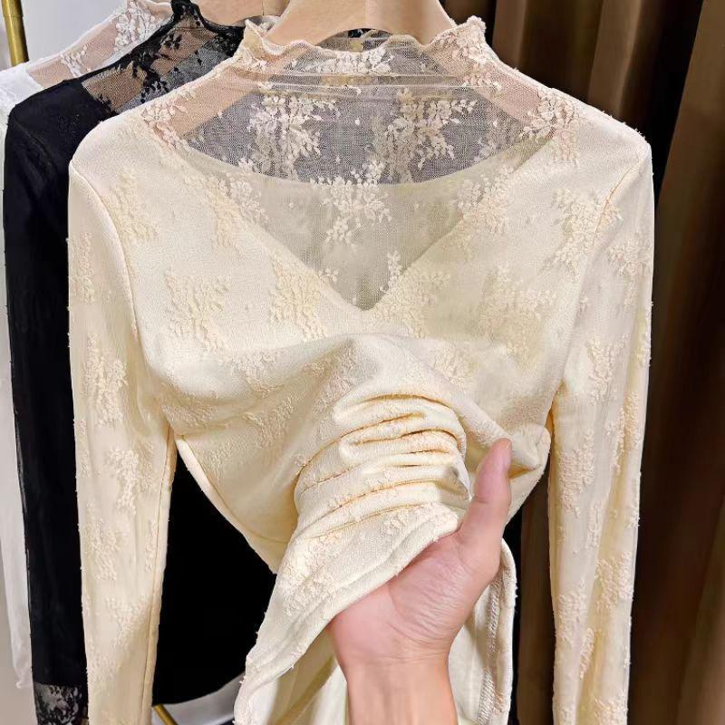 Women's Fleece-Lined Lace Half-High Collar Long Sleeve Base Layer - Stylish and Warm Autumn/Winter Mesh Top