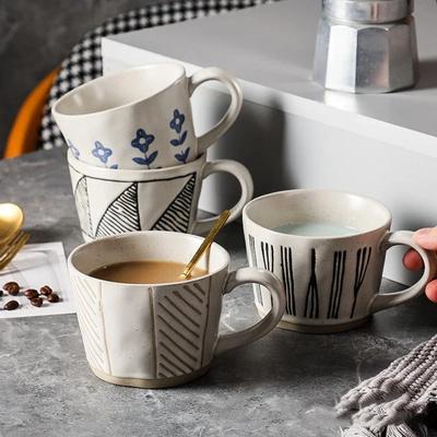 Neue Keramik-Kaffeetasse, 360 ml, kreative Milchteetasse mit Linienmuster, handbedruckte Frühstückstasse aus Haferflocken, Trinkgeschirr, Wassertasse