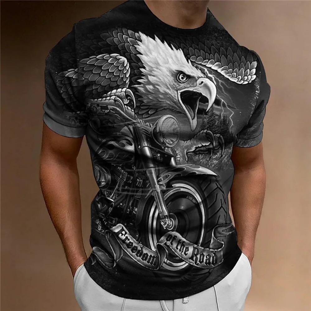 Men's Animal Pattern T-Shirt, Eagle, Motorcycle, 3D Print, Vintage Trendy Loose Large Size Casual Street Short Sleeve Top
