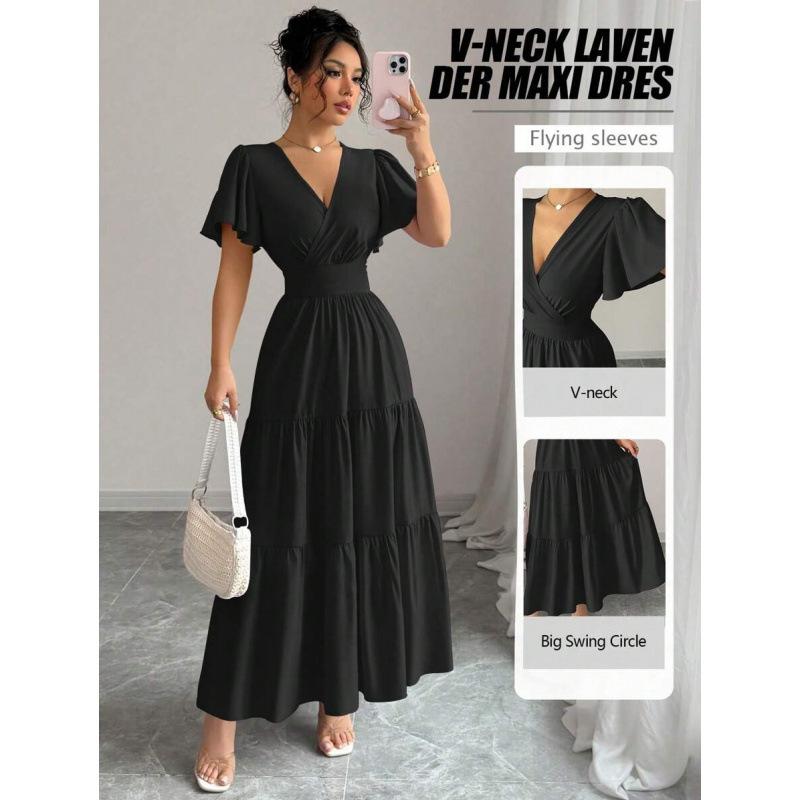 Europe, America 2026 summer new temperament elegant waist thin high-end short-sleeved dress women S чёрный