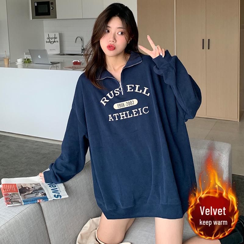 2023 Autumn Winter Velvet Lapel Hoodie: Mid-Length Student Hong Kong Style, Chic Printed Long Sleeve.