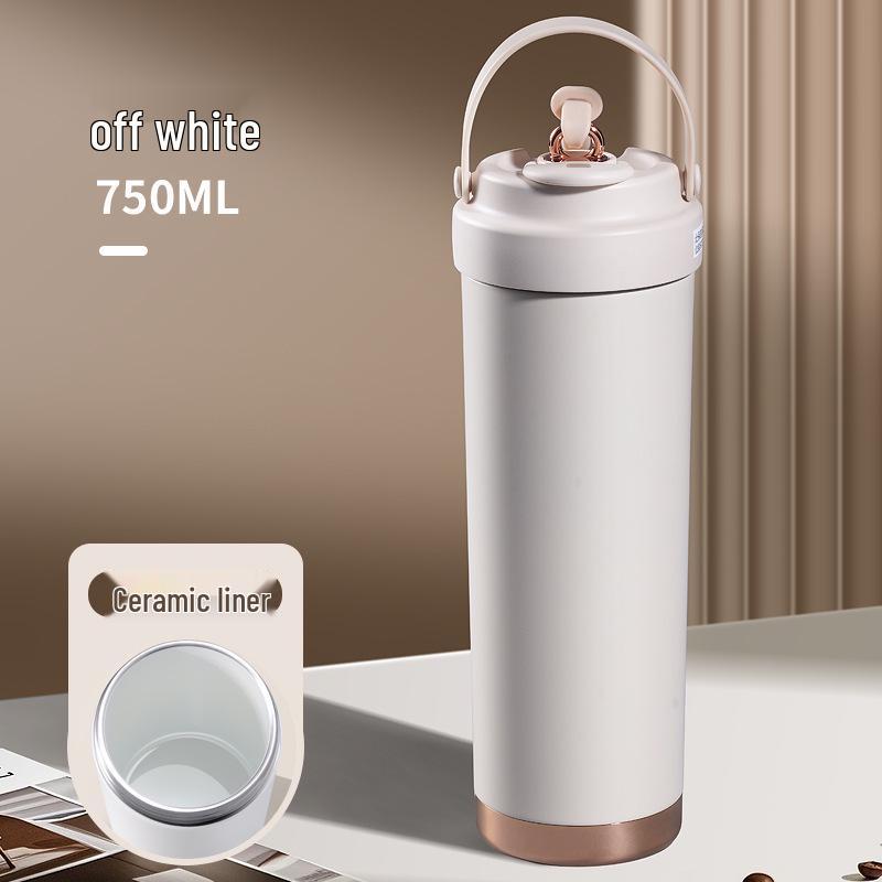 Premium Ceramic Coffee Cup with Straw - Insulated Double Wall Design for Men & Women, Cold/Heat Retention, Engraved Handle.
