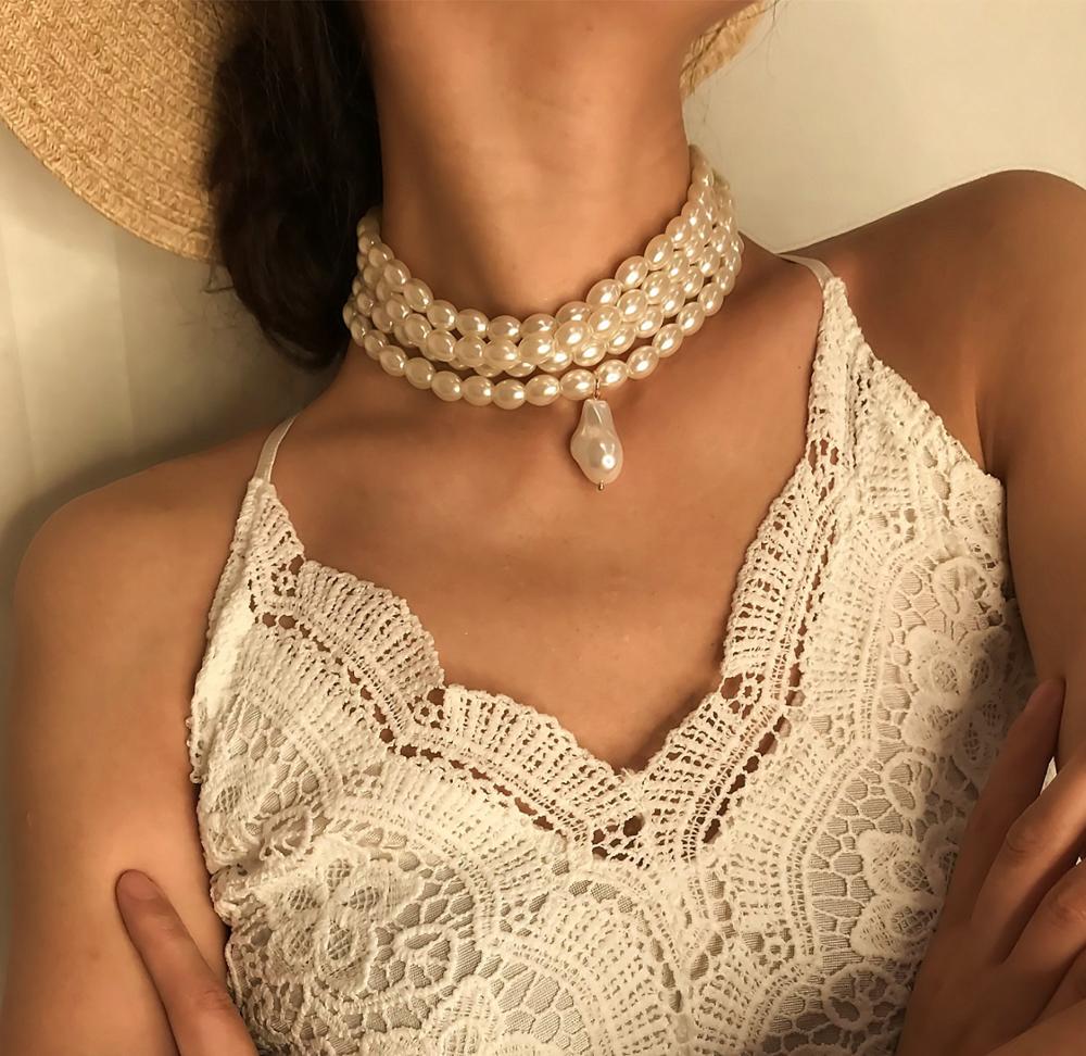 Gorgeous Multilayers Imitation Pearl Choker Necklaces for Women Jewelry Irregular Pearls Pendant Wedding Necklace 2019