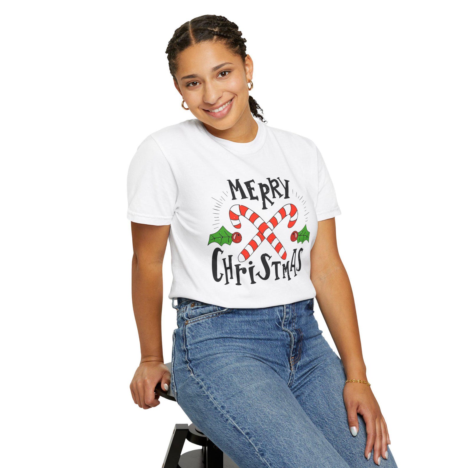 Merry Christmas Candy Canes Holiday Holly Graphic T-Shirt S