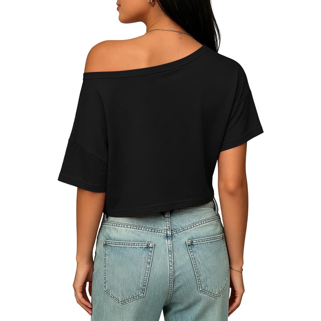 Dámský ležérní crop top s odhalenými rameny, volný střih, krátký rukáv, jednobarevný, základní letní tričko