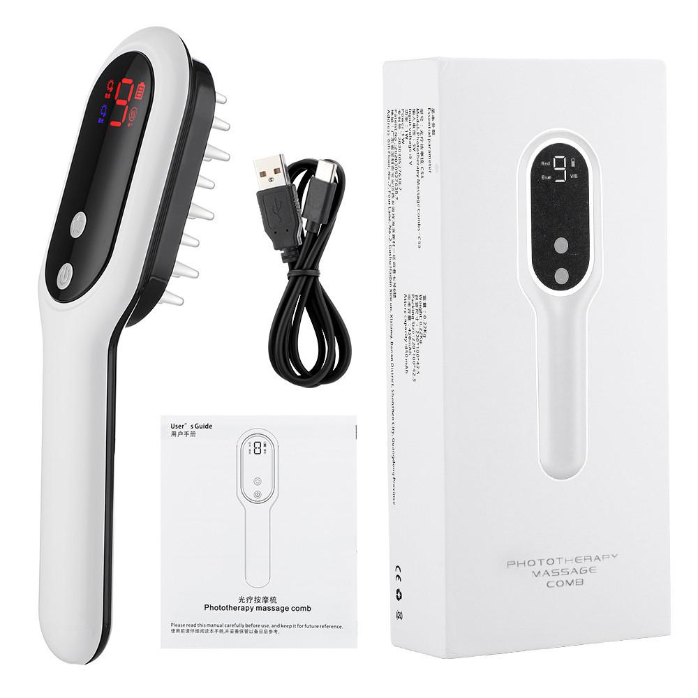 3 gears Electric Massage Comb Meridian Head Massager Anti-hair Loss Red Light Blue Light Magnetic Therapy Massage Hair Care Device 18*4.5*3cm