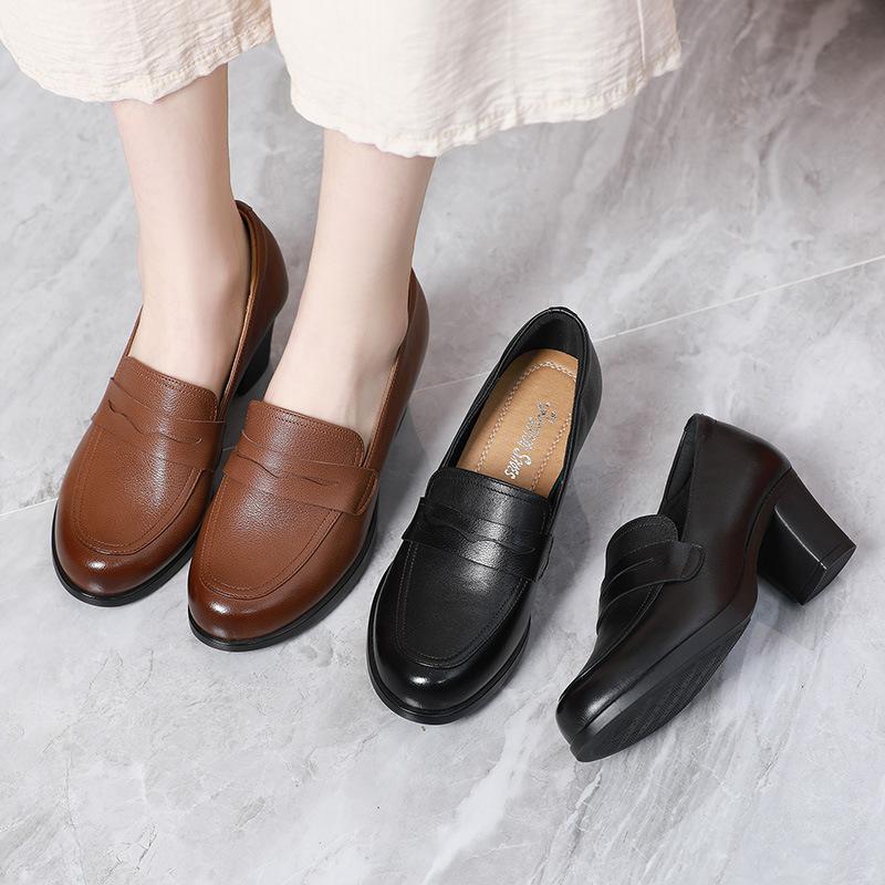 Genuine Leather Women Shoes Fashion Comfort Genuine Cow Leather Slip-On Loafers Women Deep Mouth Heels Shoes Lady Office Pumps