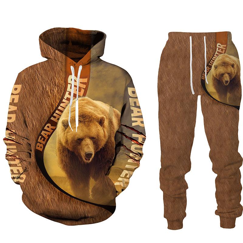 Herren Hoodie Sets Jagd Bär Bogenschütze Tarnung 3D-Druck Hoodies Trainingsanzug Jogginghose 2-teilige Sets Kleidung Übergroß