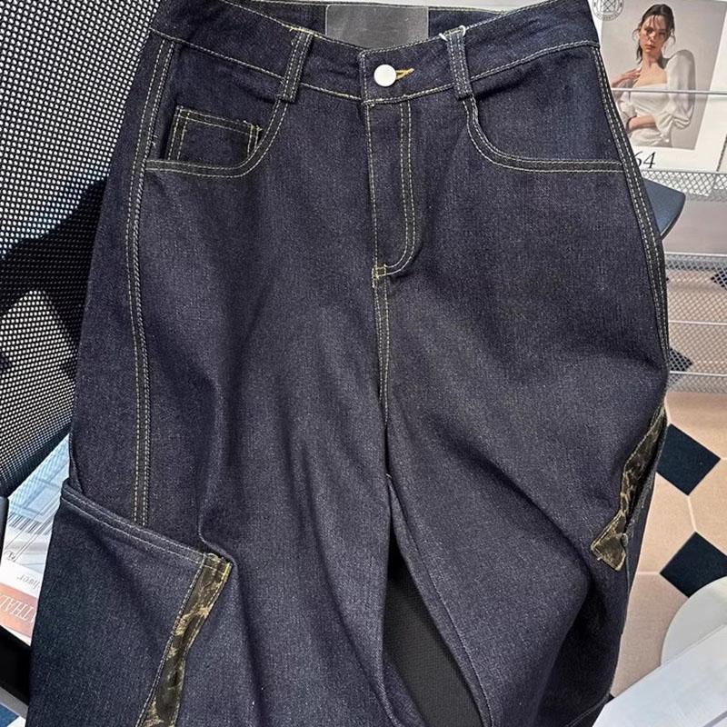 Vintage Leopard Print Splices Straight Leg Jeans Female High Waist Loose Pocket Denim Trousers for Women Casual Woman Pants
