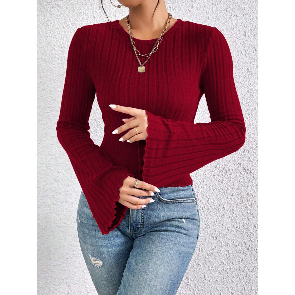 Hot Sale Round Neck Flared Sleeve Burgundy T-Shirt Autumn Winter Elegant Commuting Versatile Top