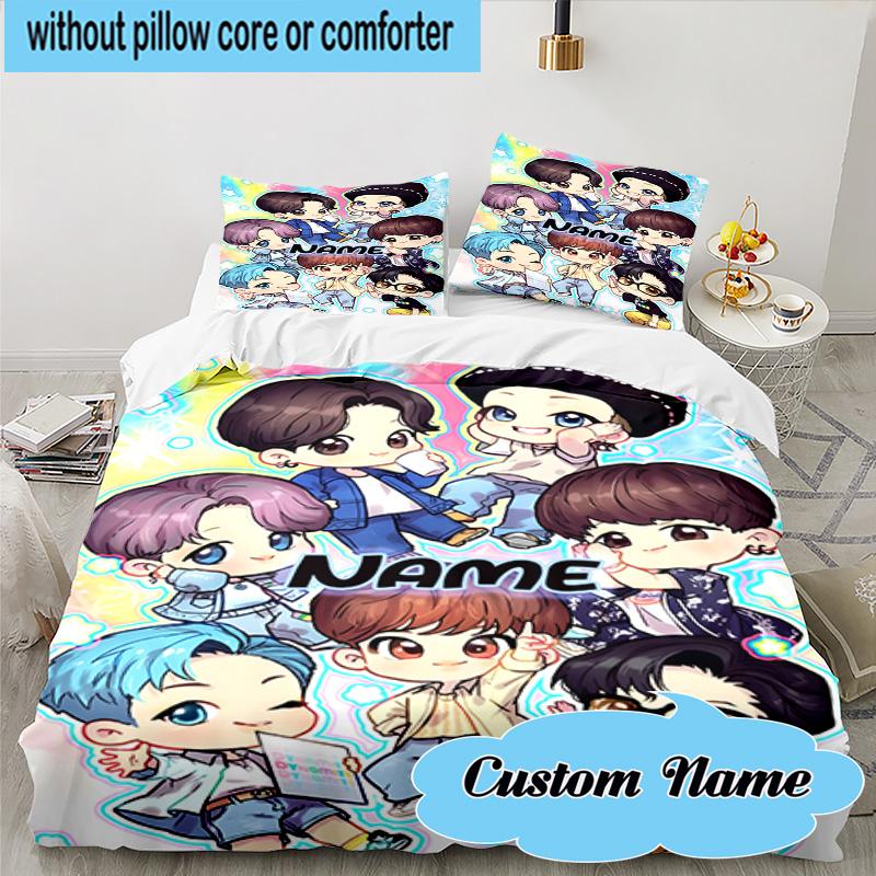 Juego de Ropa de Cama con Nombre Personalizado de 3 Piezas, Personajes de Arte K-pop BTS, Incluye 1 Funda Nórdica y 2 Fundas de Almohada, Adecuado para Residencias Universitarias y Dormitorios, Regalo