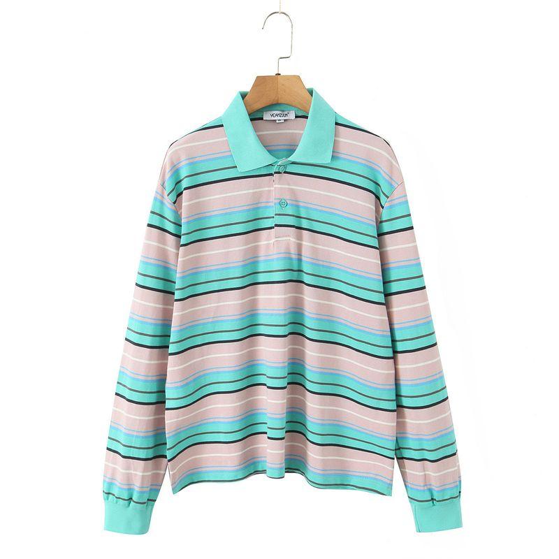 Zbzr New Fall Women's Clothing Fashion Wind Polo Collar Loose Casual Contrast Color Long Sleeves Stripes T-shirt-