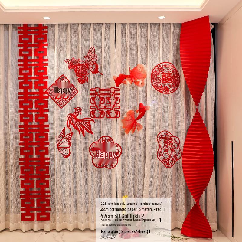 Double Happiness Wedding Room Decor Set: Non-Woven Fabric Papercut for Bride and Groom's Bedroom or Hotel.