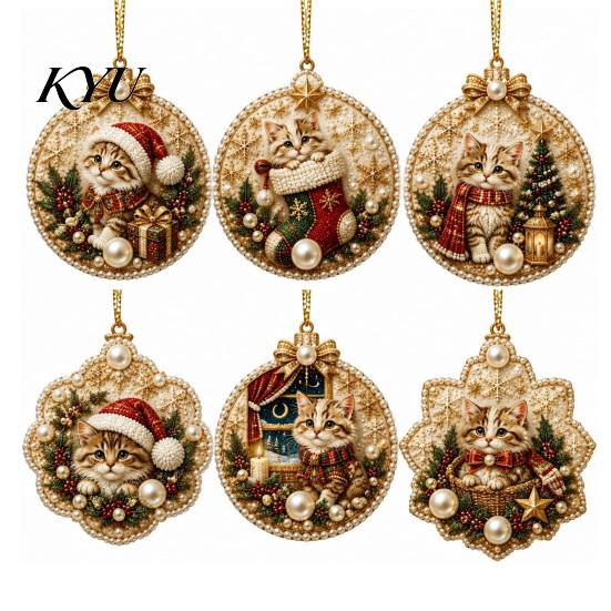 Acrylic Santa Hanging Ornaments 6 Pcs Christmas Pearl Art Ornaments, 2D Flat Holiday Tree Pendant, Decorations Effect Decoration for Home Wall