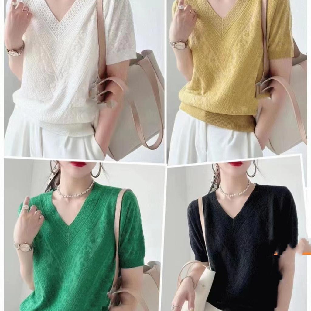 European Design Sense V-neck Knitted T-shirt Women's 1116 Spring and Summer New Versatile Loose Fashion Thin Short-sleeved Knitted Sweater