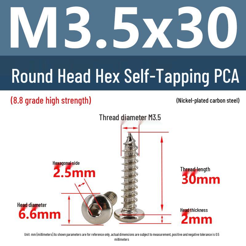 8.8 Grade Round Head Hex Socket Self-Tapping Screws M2-M4 Carbon Steel Bolts