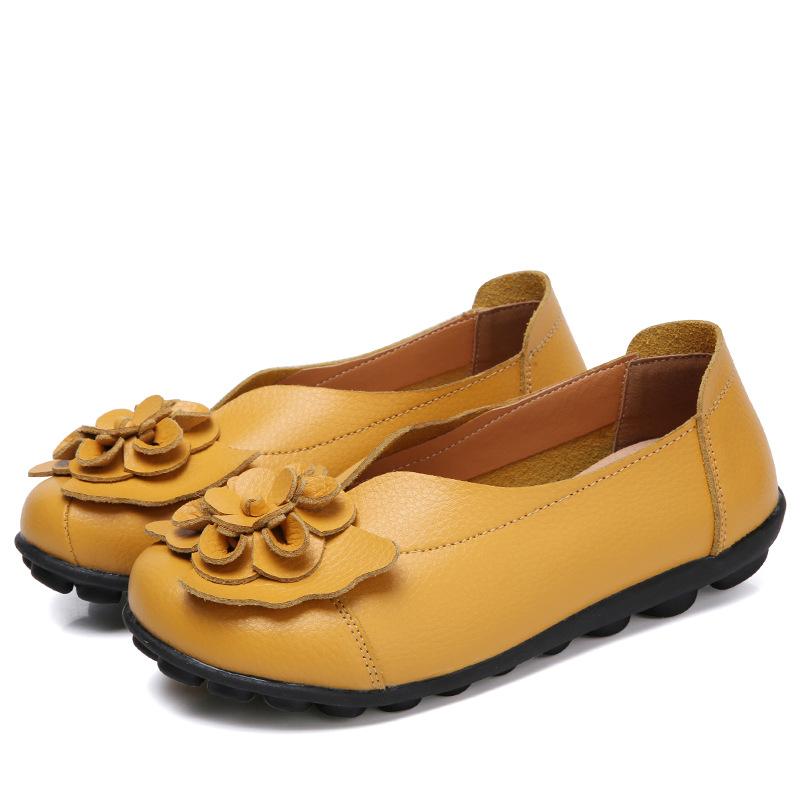 Spring Summer Cowhide Flower Mother Shoes Comfortable Bean Women's Shoes Flat Shoe Women's Singles Shoes