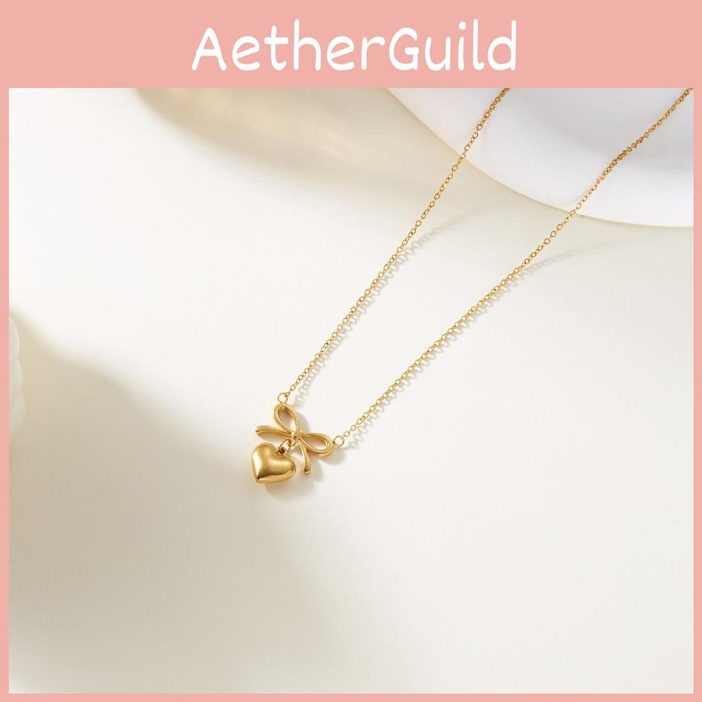 Elegant Heart Shape Pendant Necklace With Butterfly Bow Design In Stainless Steel For Daily Wear